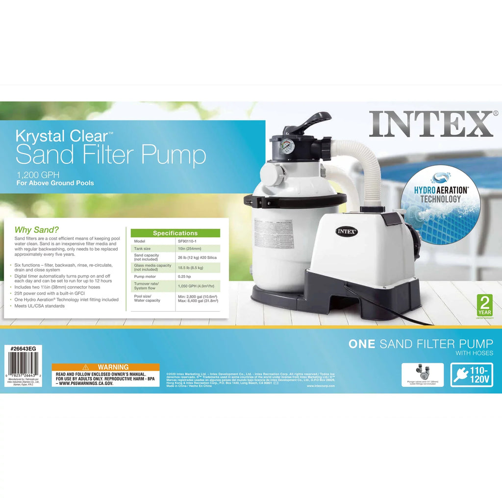 Intex10 inch Krystal Clear Sand Filter Pool Pump, 1500 Gph Motor 1200  System Flow Rate with , 110-120 V