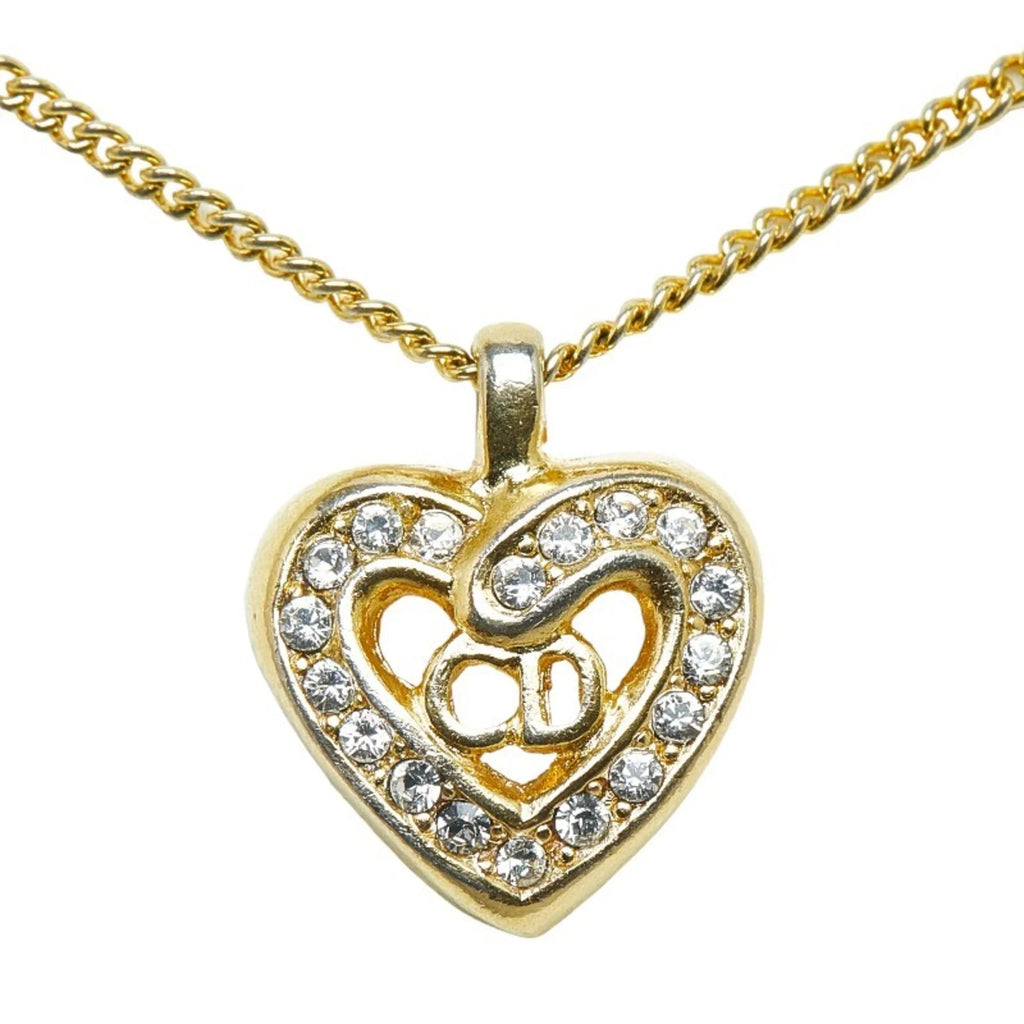 Pre-Owned Christian Dior Dior  Heart Rhinestone Necklace Gold Plated Women's (Good)