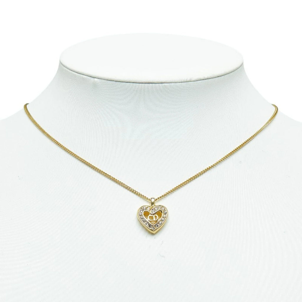 Pre-Owned Christian Dior Dior  Heart Rhinestone Necklace Gold Plated Women's (Good)