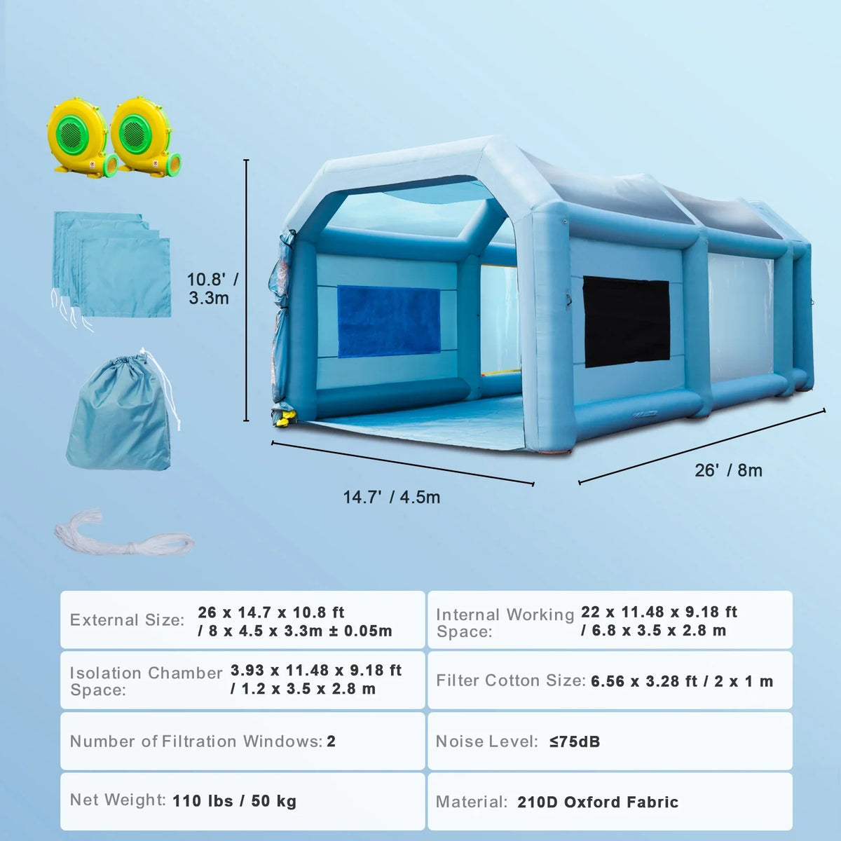 Inflatable Paint Booth 26x15x11ft Inflatable Spray Booth Car Paint Tent with 750W+950W Filter System Blower