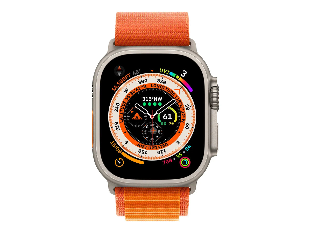 Apple Watch Ultra - 49 mm - titanium - smart watch with Alpine Loop - textile - orange - band size: M - 32  - Wi-Fi, , , Bluetooth - 4G - 2.16 oz
