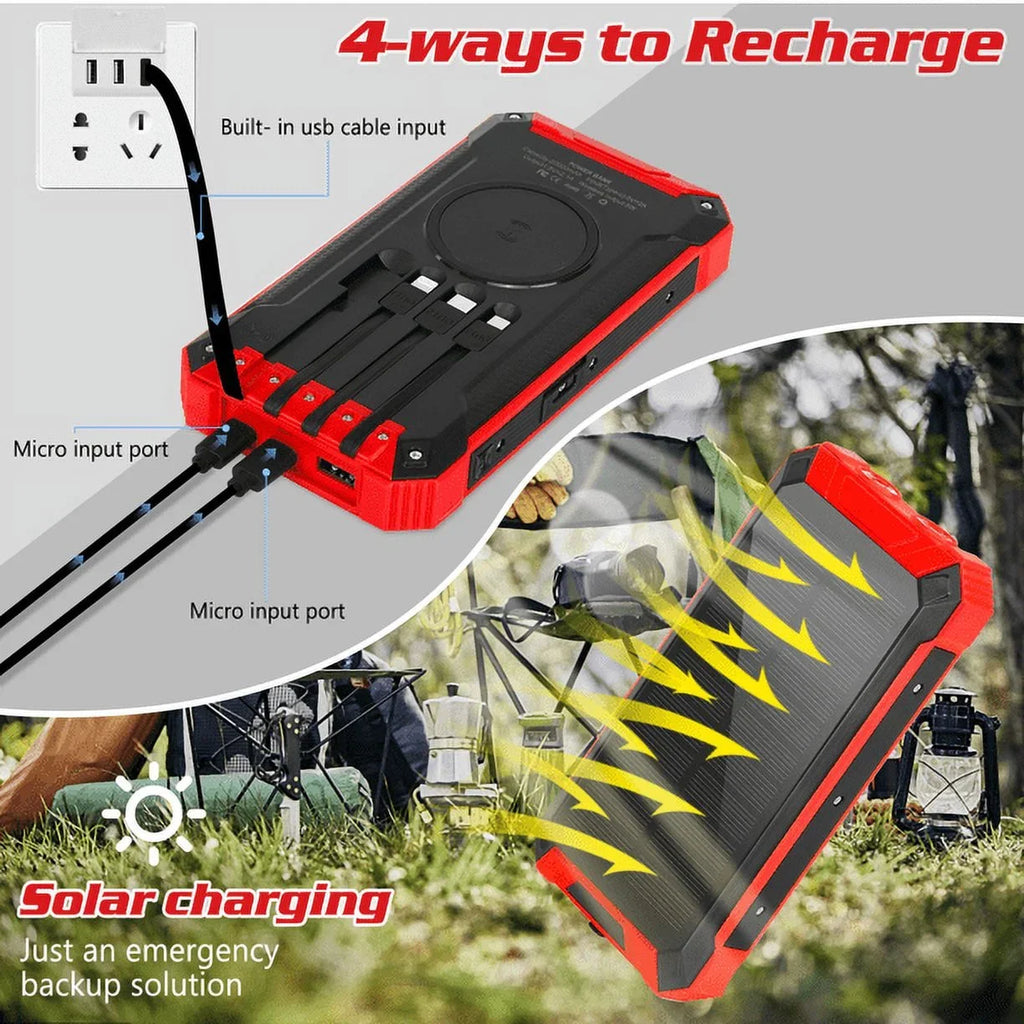 Solar Power Bank 20000mAh Built-in 4 Cables Qi Wireless Charger For Ulefone Armor 9 with  Flashlight Solar Portable External Battery IPX4 Waterproof 15W 5V/3A  C Port 6 Outputs 3 Inputs