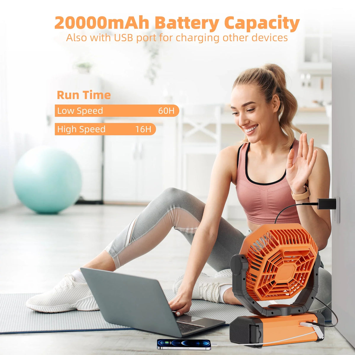 Portable Cordless Fan 20000mAh Rechargeable Battery Powered Ventilator w/  Lantern, Remote, Hook, Timer, 270° Pivot 90° Oscillating 4 Speed Brushless Motor, Outdoor Jobsite Garage Patio Fan