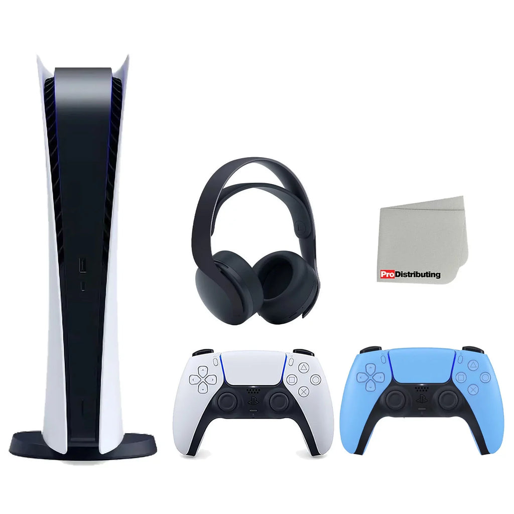 Sony Playstation 5 Digital Edition Console with Extra Blue Controller and Black  3D Headset Bundle with Cleaning Cloth