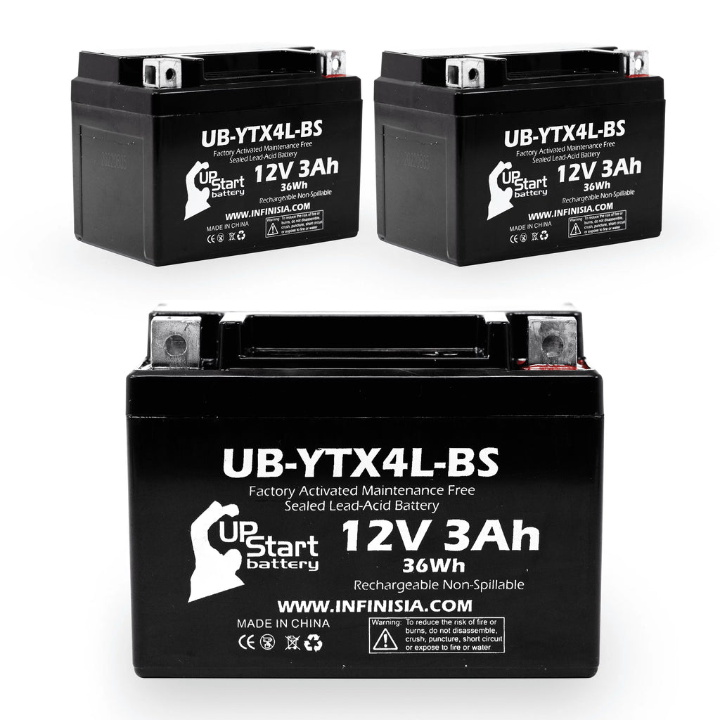 3-Pack UpStart Battery Replacement for 2002 Bombardier (Can-Am) DS90, DS90F, Quest 90CC Factory Activated, Maintenance Free,  Battery - 12V, 3Ah, -YTX4L-
