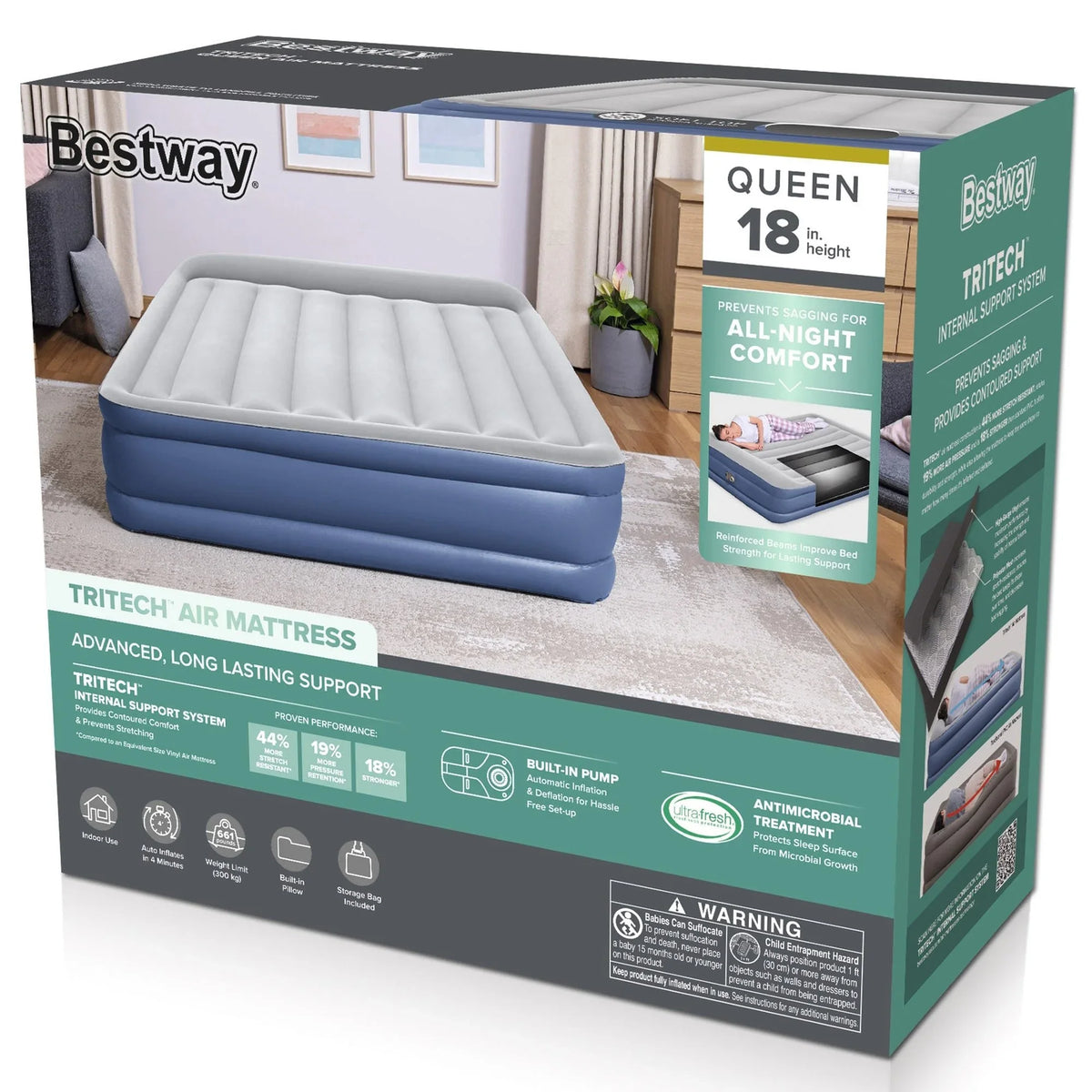 Bestway Tritech Air Mattress Queen 18” with Built-in  Pump and Antimicrobial Coating