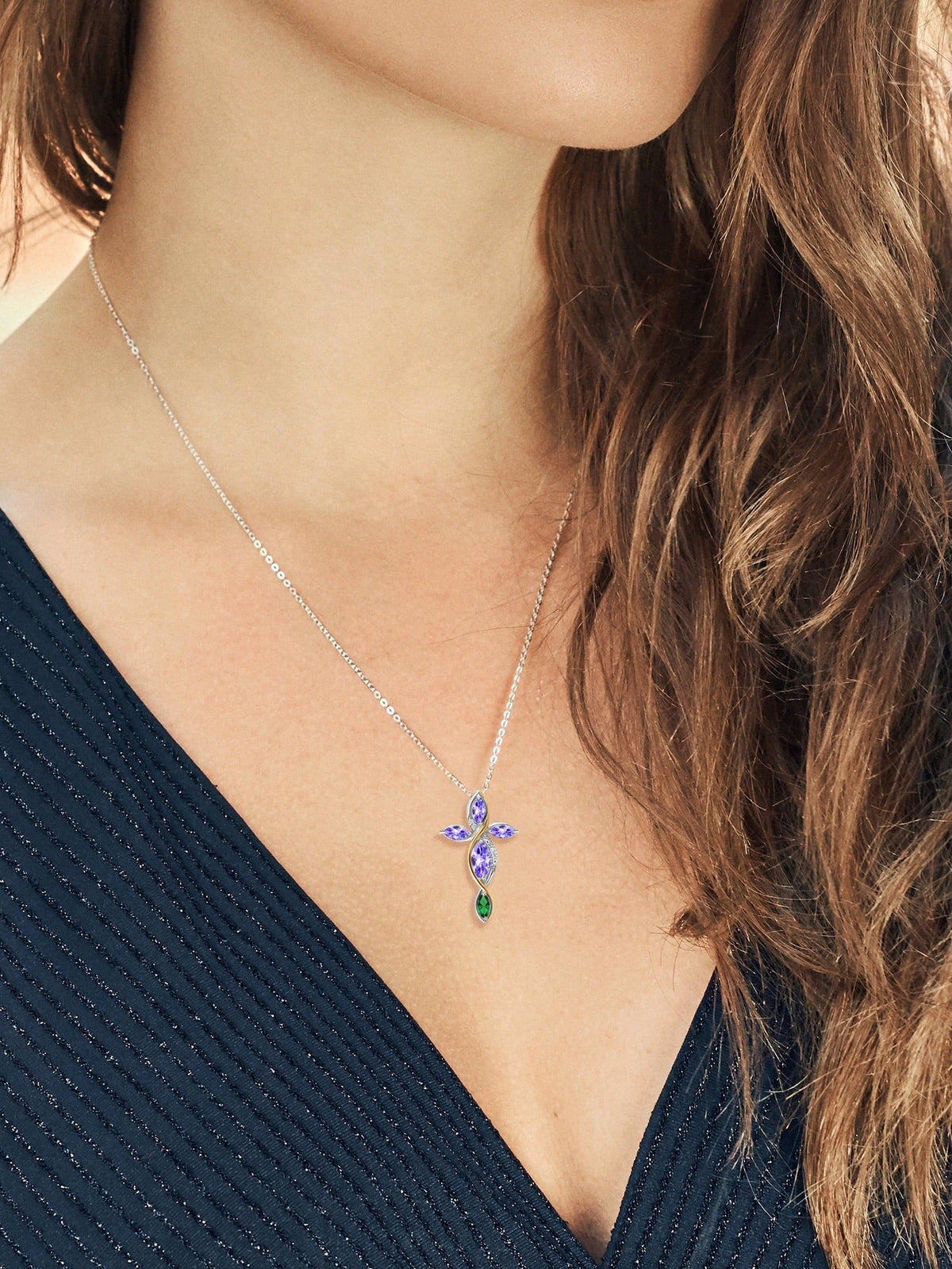Gem Stone King 925 Silver and 10K Yellow Gold Marquise Blue Tanzanite Green Nano Emerald and Lab Grown Diamond Cross Pendant Necklace For Women (1.48 Cttw, with 18 inch Chain)
