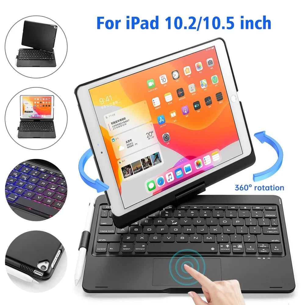 iPad Case with Keyboard, 360° Rotatable Backlit Keyboard with Pencil Holder for 10.2 inch iPad 9th Gen 2021/ 8th Gen 2020/ 7th Gen 2019 and iPad Air 3 / Pro 10.5" -Black