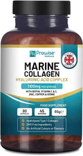 Marine Collagen with Hyaluronic Acid 1100mg - 90 Capsules Boosted with Hyaluronic Acid, Vitamins C, E, B2, Biotin, Copper, Zinc and Iodine | for Women and Men | Made in The  by Prowise Healthcare