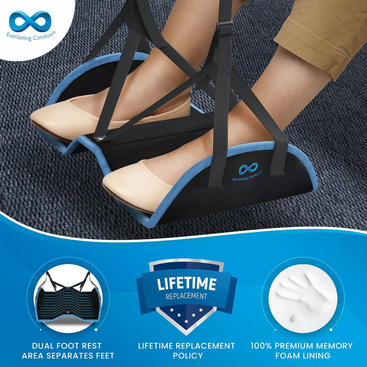 Everlasting Comfort Airplane Footrest - Ergonomic Adjustable Foot and Heel Hammock - Long Airplane Flight Accessories for Feet - Memory Foam Portable Air Plane Flying Travel Foot Rest - (Black)