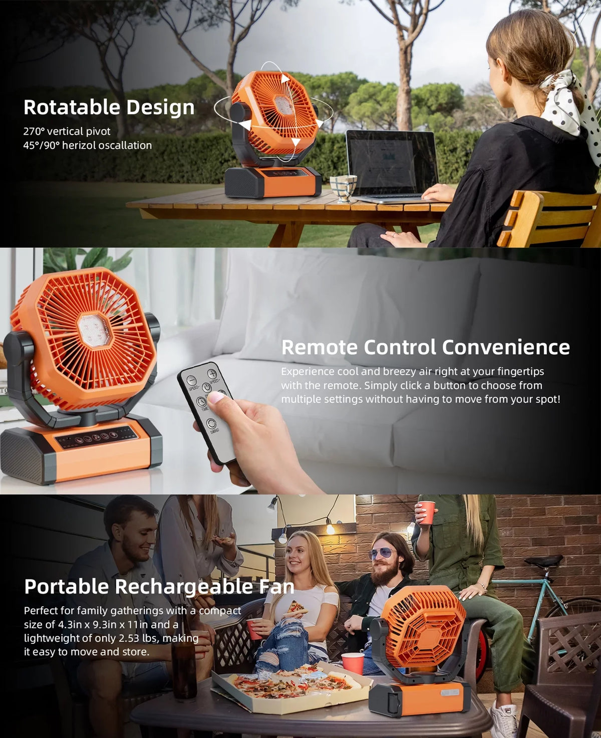 Portable Cordless Fan 20000mAh Rechargeable Battery Powered Ventilator w/  Lantern, Remote, Hook, Timer, 270° Pivot 90° Oscillating 4 Speed Brushless Motor, Outdoor Jobsite Garage Patio Fan