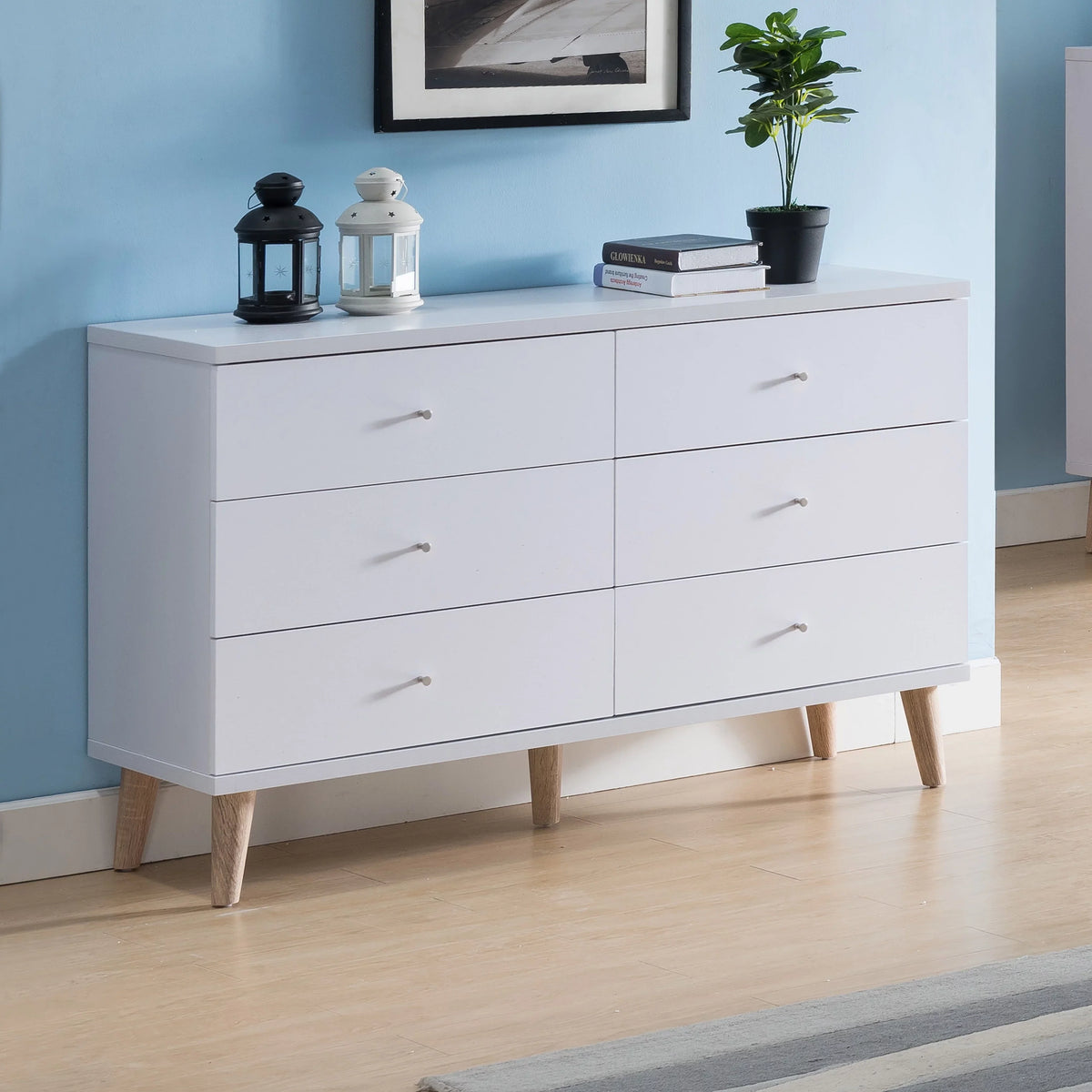 Denhour   Mid-Century Modern White 47-inch Wide 6-Drawer Dresser with Knobs by