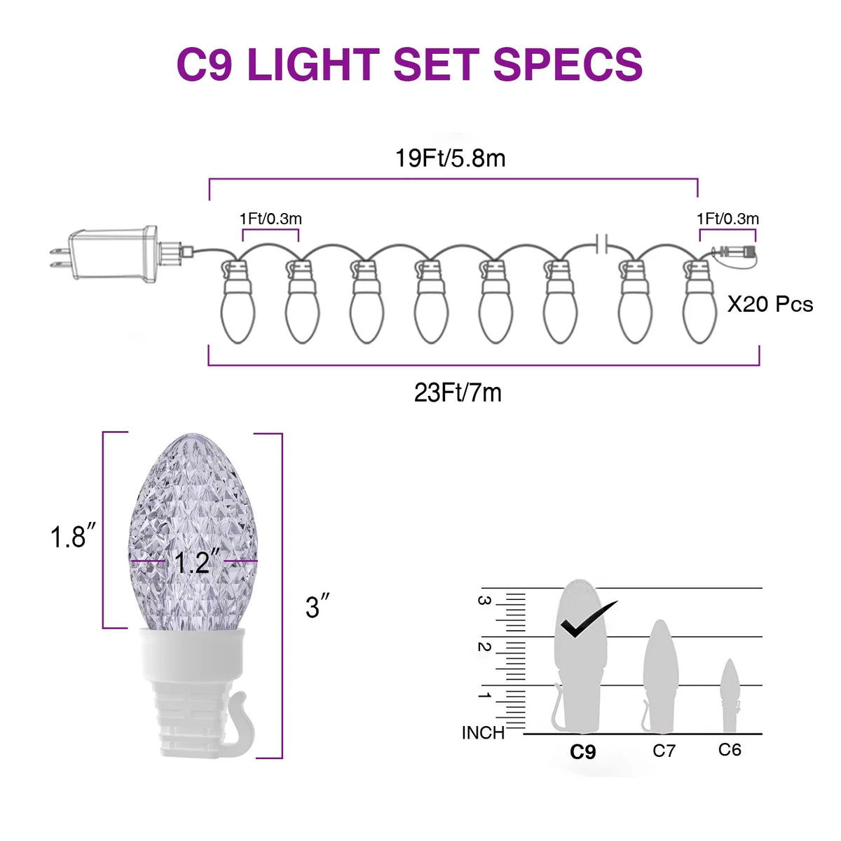 Eva's Light C9 Christmas Lights Outdoor, 23ft 20 Bulbs Color Changing  String Lights Waterproof