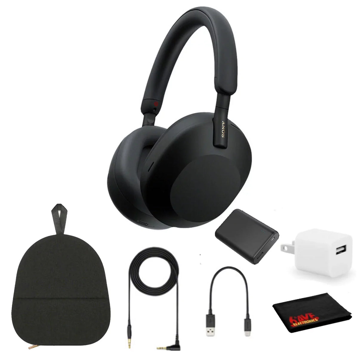 Sony -1000XM5 Noise-Canceling Wireless Over-Ear Headphones (Black), 30 Hours Playback Time, Hands-Free Calling, Alexa Voice Control - Kit with Charging Cube and Portable Charger