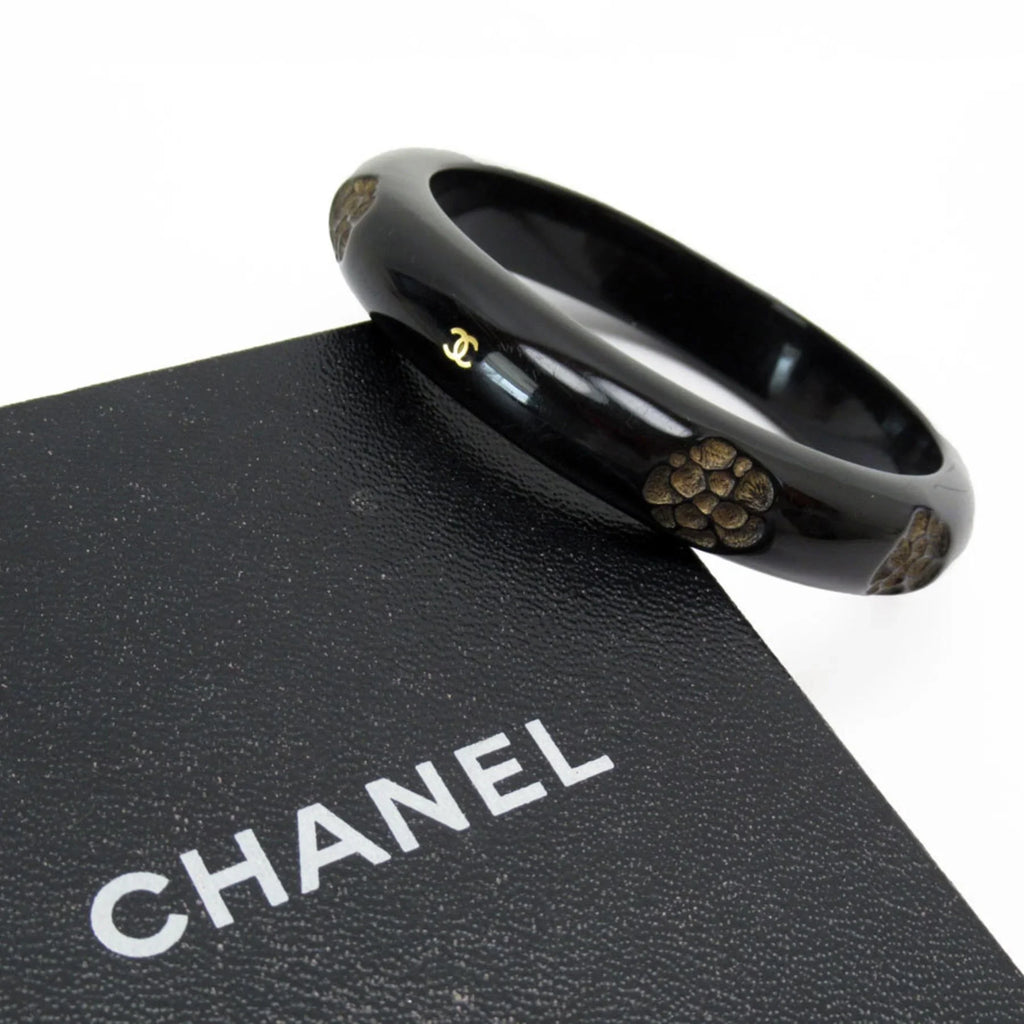 Pre-Owned  Bangle Bracelet Camellia Coco Mark Wood Black/Beige Women's (Good)