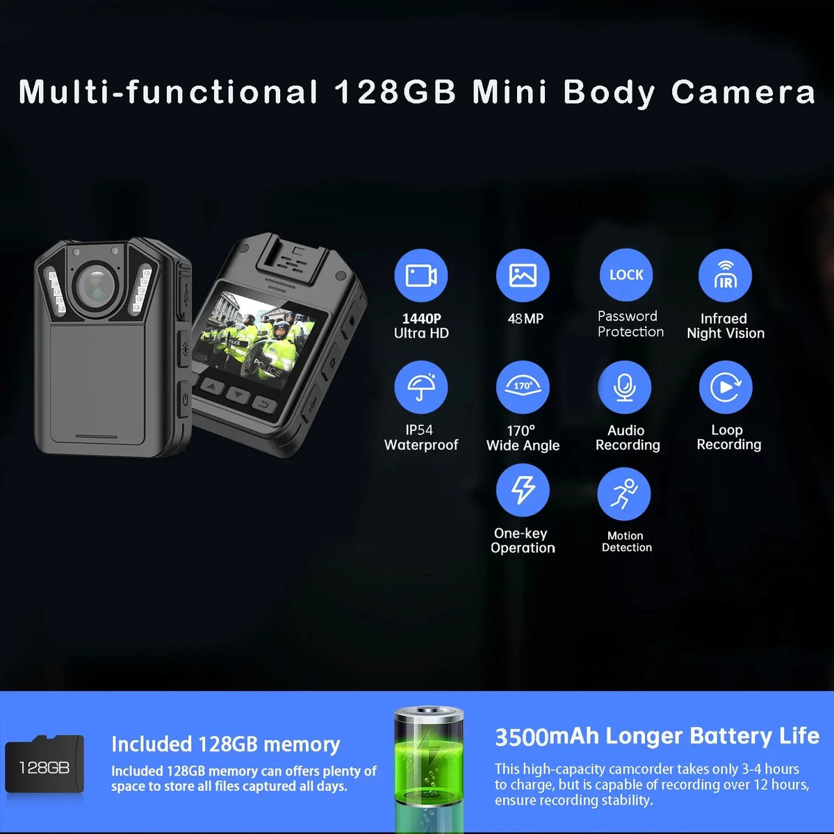 1440P Mini Body Camera - 128GB Wearable Police Body Camcorder with Night Vision - Waterproof Body Cam with Audio and Video Recording for Law Enforcement Security Guard Home