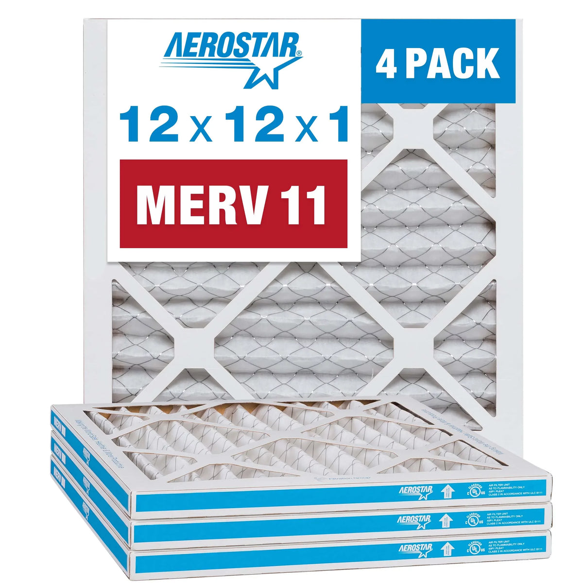 Aerostar 12x12x1  11 Pleated Air Filter,  Furnace Air Filter, 4 Pack