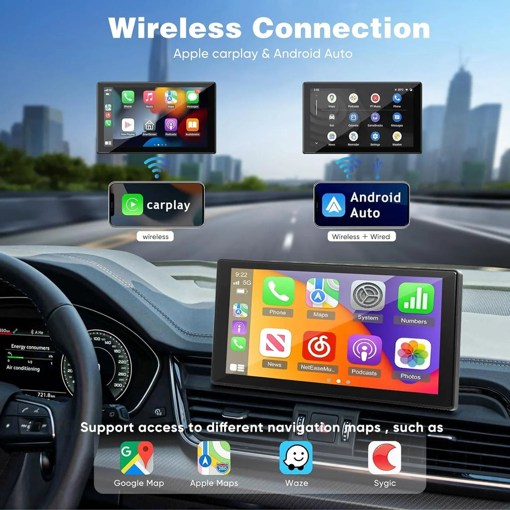 Portable Wireless Carplay Car Stereo with 2.5K Dash Cam - 9"   Screen, Android Auto, 1080p Backup Camera, Loop Recording, Bluetooth,  Navigation Head Unit, Car Radio Receiver