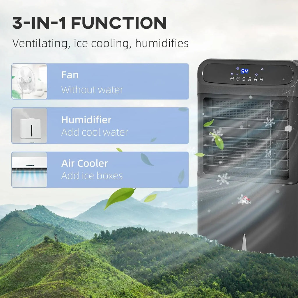 32" Mobile Evaporative Air Cooler, 3-In-1 Ice Cooling Fan Water Conditioner Humidifier Unit with Remote, Timer, Oscillating,  Display, 3.2gal Water Tank for Home Office, Bedroom, Black