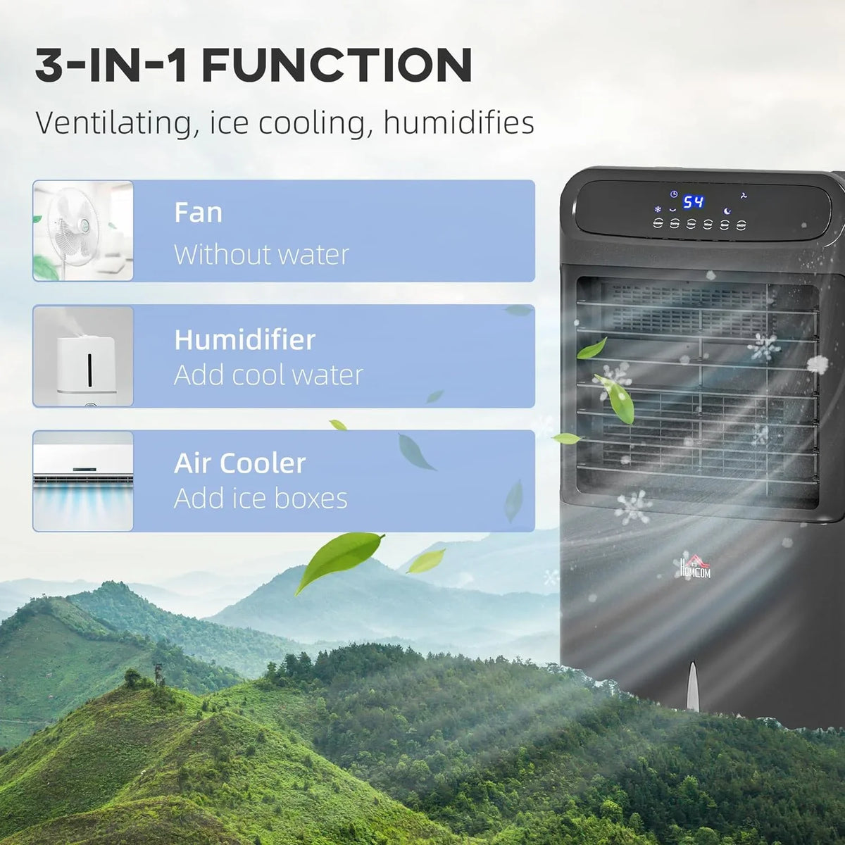 32" Mobile Evaporative Air Cooler, 3-In-1 Ice Cooling Fan Water Conditioner Humidifier Unit with Remote, Timer, Oscillating,  Display, 3.2gal Water Tank for Home Office, Bedroom, Black