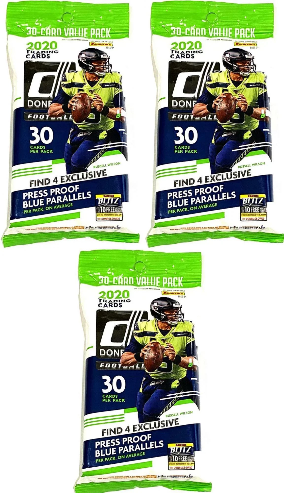 Panini 2020 Donruss Football  of 3 Trading Card  Packs (30 Cards Per Pack!)