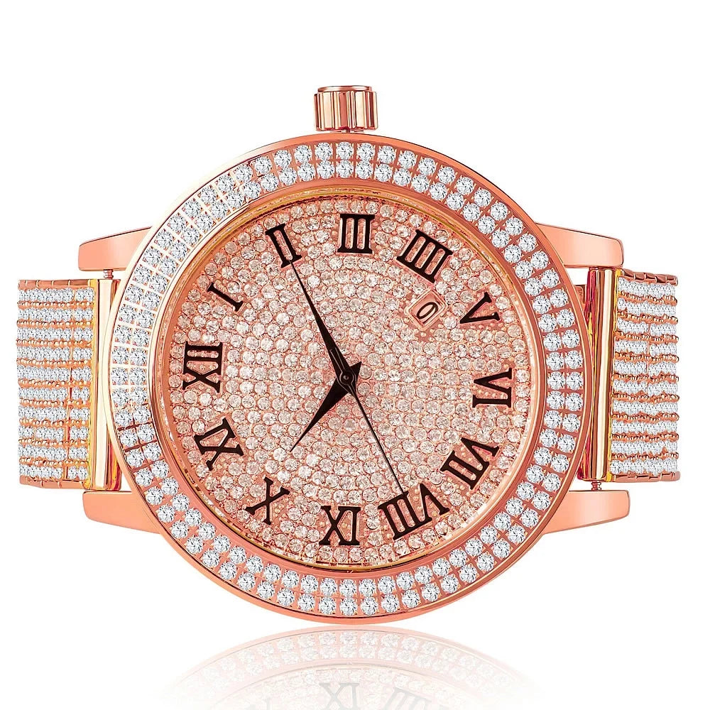 Roman Face Dial Rose Gold Tone Custom Bezel Band Joe Rodeo Jojo Jojino Khronos Watch W/Date Function