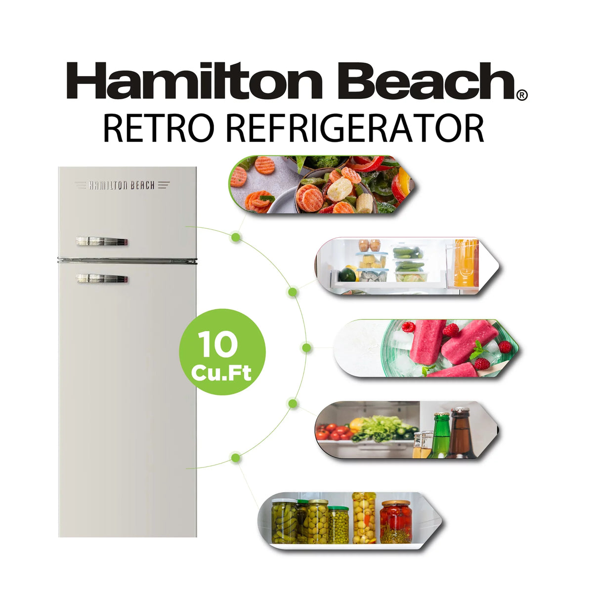 Hamilton Beach 10 Cu Ft Retro 2 Door Refrigerator, 5 Door Shelves,  Free, Cream, HBF1050, Adjustable Thermostat Control
