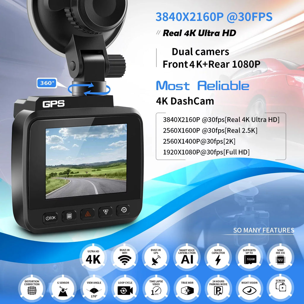 4K Dash Cam for Cars, Dash Cam Front and Rear with Night Vision, 2160P  Car Camera, 170° Wide Angle Driving Recorder with G-Sensor, Parking Monitor, Loop Recording, , Built-in WiFi &