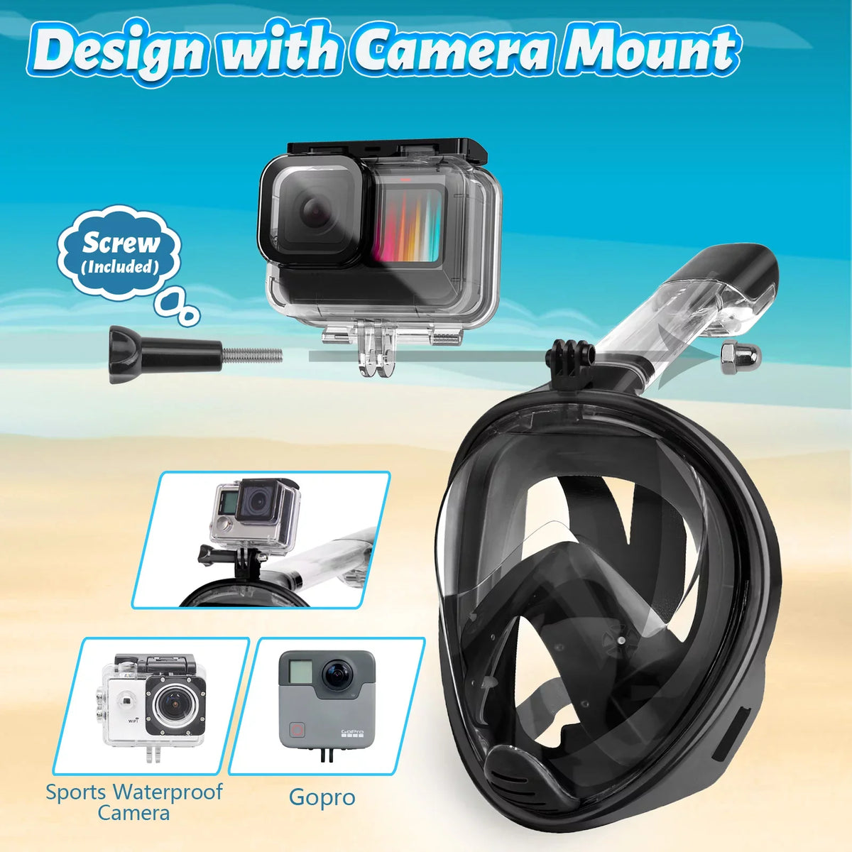 Full Face Snorkel Mask, Snorkeling Mask with Detachable Camera Mount, Panoramic View Upgraded Dive Mask with Safety Breathing System, Dry Top Set L/