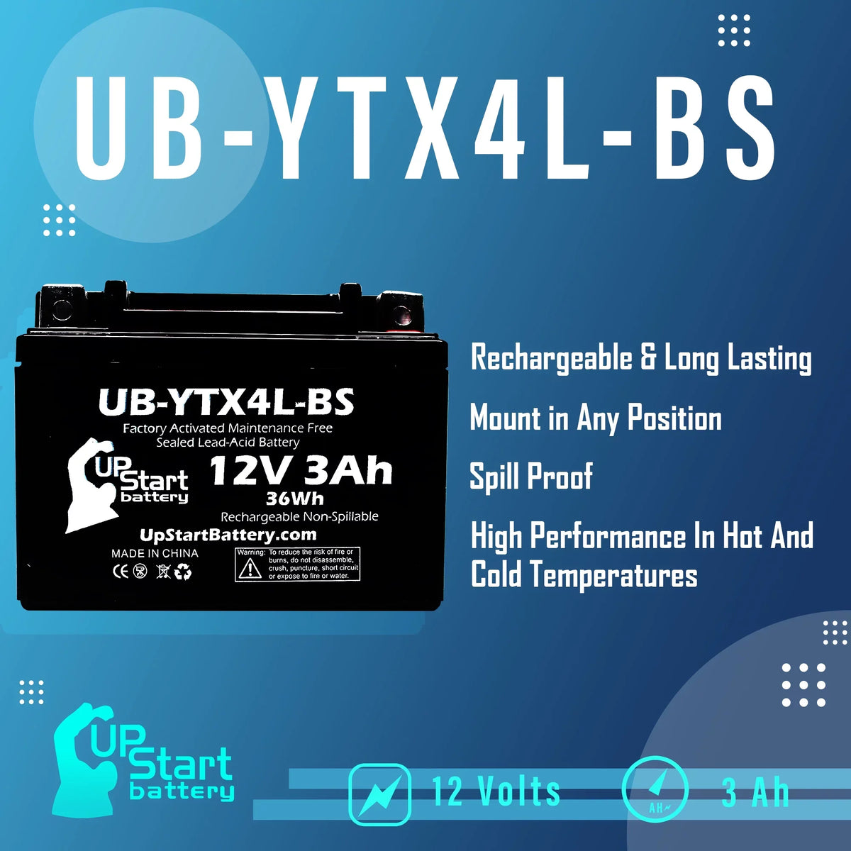 3-Pack UpStart Battery Replacement for 2002 Bombardier (Can-Am) DS90, DS90F, Quest 90CC Factory Activated, Maintenance Free,  Battery - 12V, 3Ah, -YTX4L-