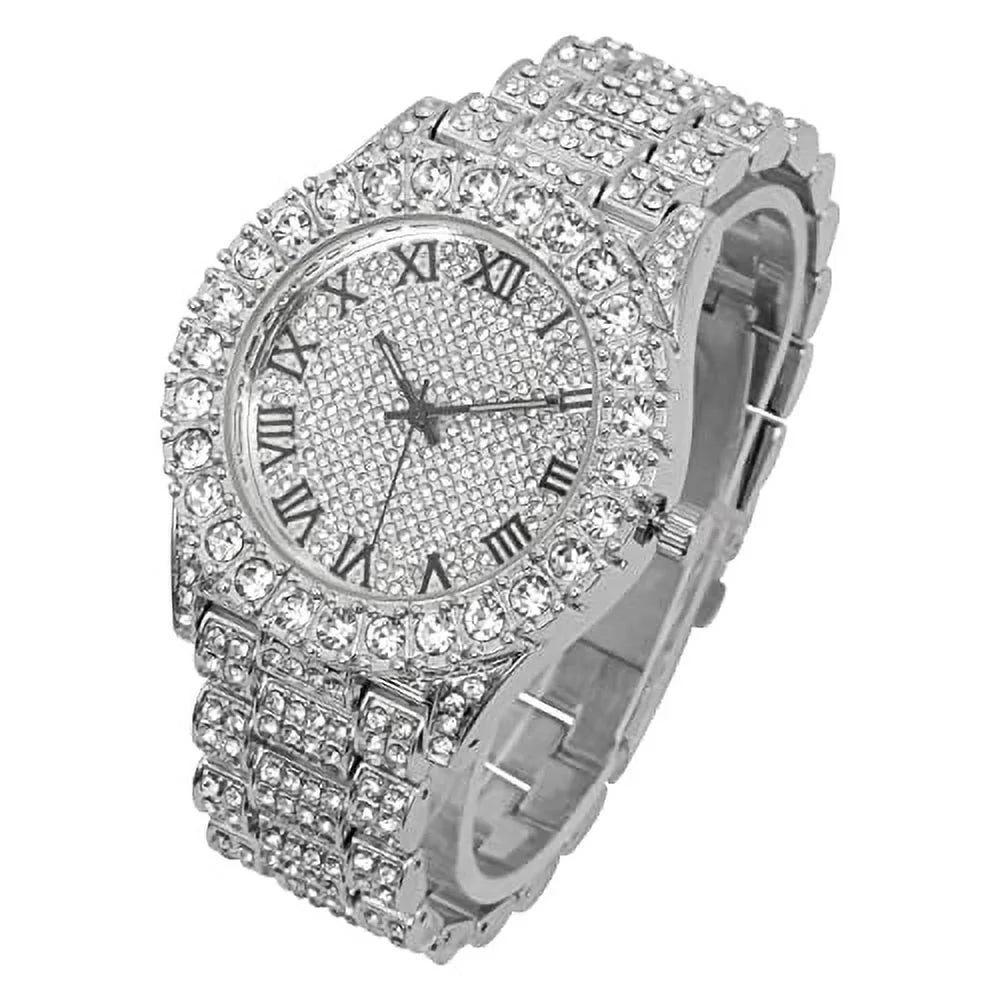 Charles Raymond Mens Big Rocks with Roman Numerals Fully Iced Out Colorful Dial Watch - ST10327  Single (ST10327RN Silver  R#)