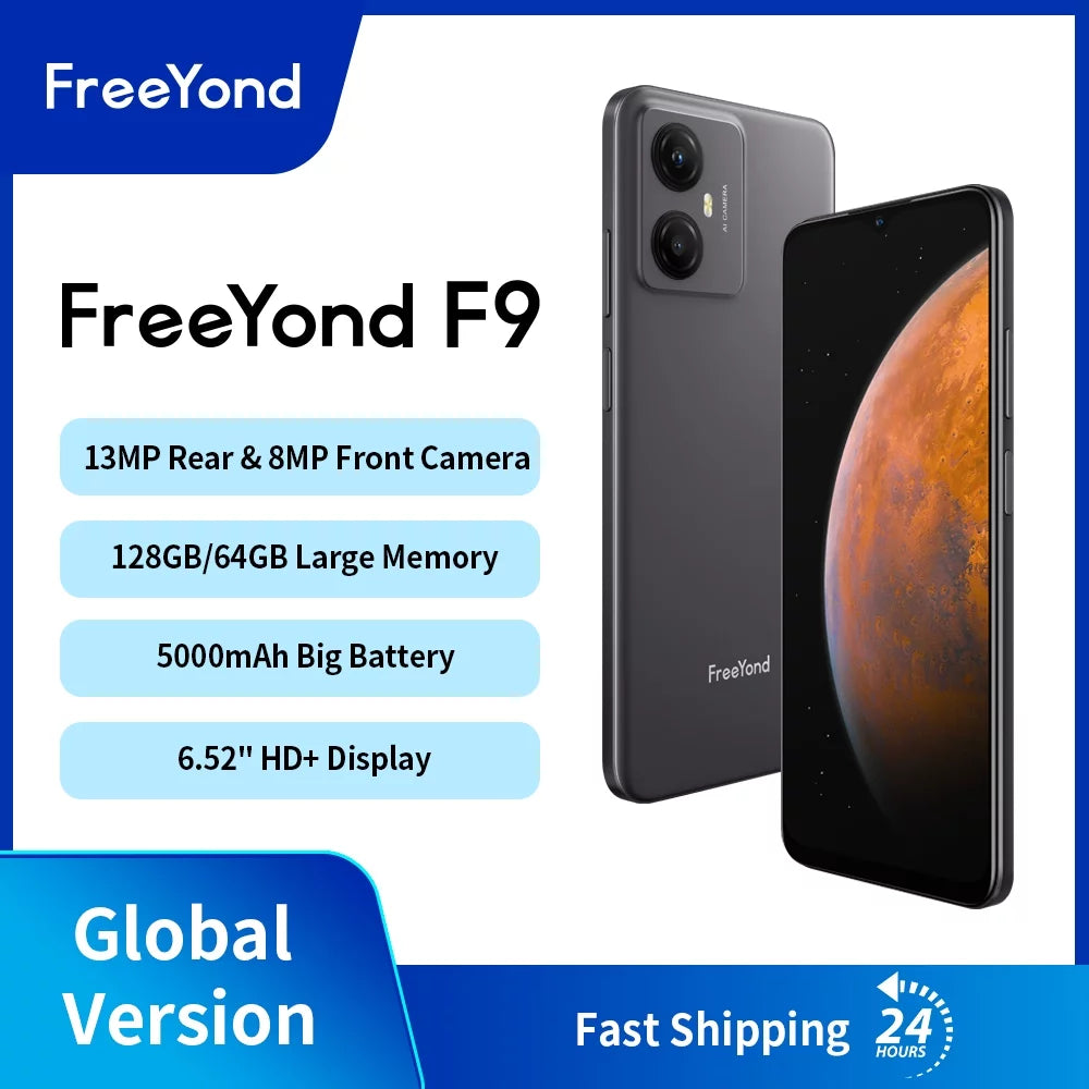 FreeYond F9 Smartphone, +6.52" Display Dual Sim, Battery 5000 MAh, 64GB/128GB Rom, Real Dual Camera 13+8MP With 2MP Macro
