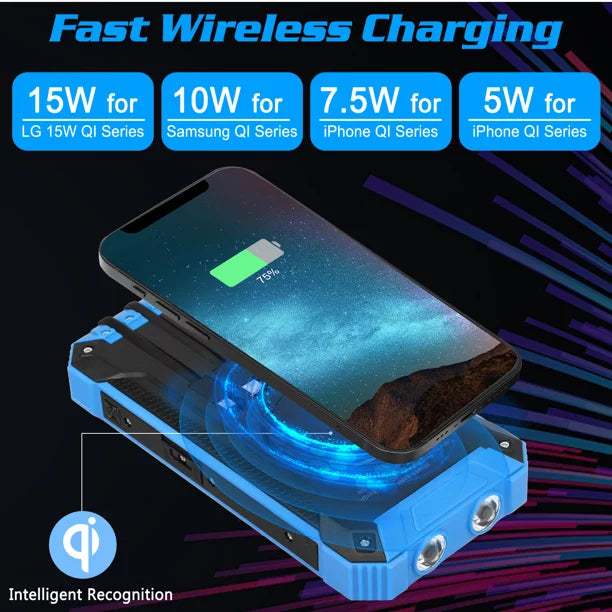 Solar Power Bank 20000mAh Built-in 4 Cables Qi Wireless Charger For Ulefone Armor Mini 2 with  Flashlight Solar Portable External Battery IPX4 Waterproof 15W 5V/3A  C Port 6 Outputs 3 Inputs