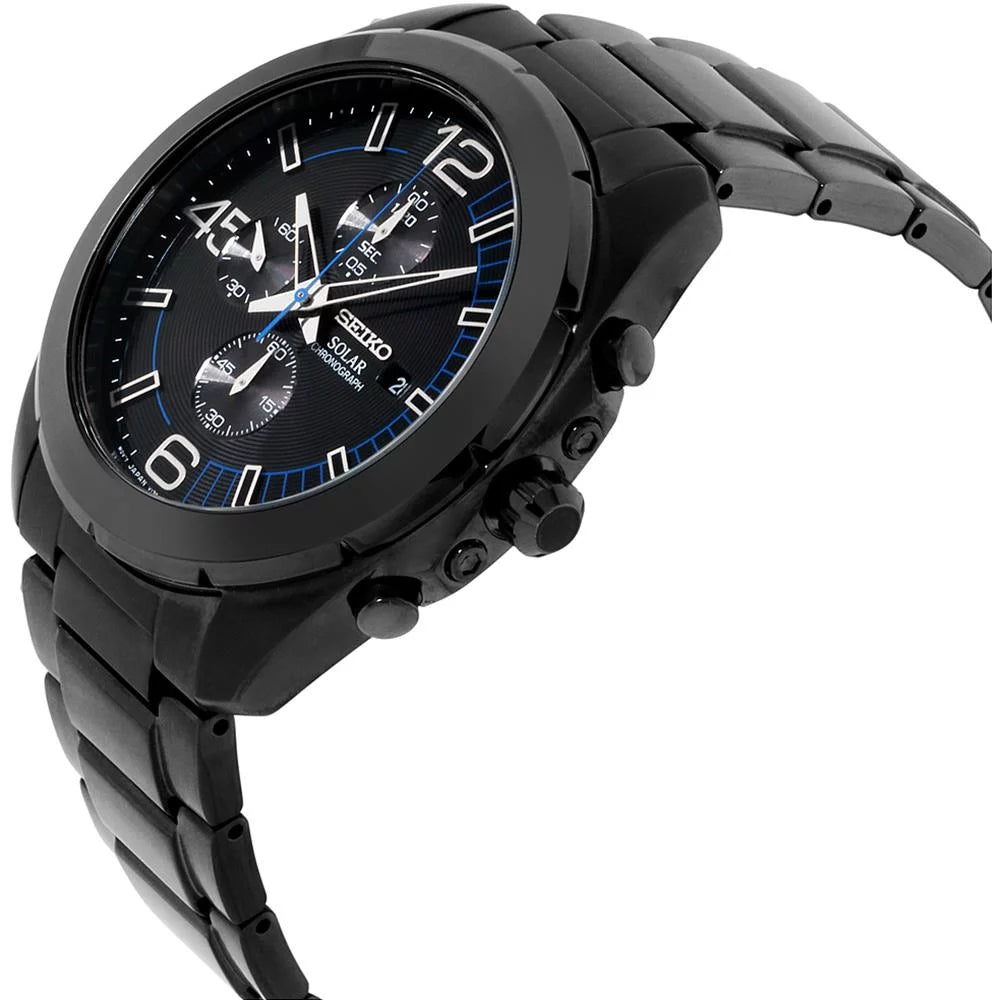 Seiko Men's Solar Chronograph Stainless Watch - Black Bracelet - Black Dial - SSC203